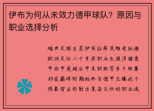 伊布为何从未效力德甲球队？原因与职业选择分析